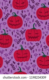 halloween theme seamless pattern design with colorful pumpkin and leaf shape element