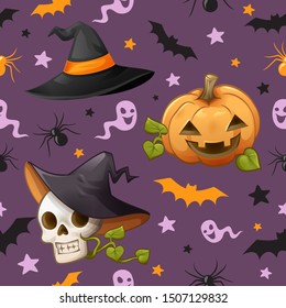 Halloween theme seamless pattern design on purple background, Cute character cartoon pumpkin, skull, spider, bat, witch hat, star and ghost, Vector illustration