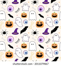 Halloween theme seamless pattern with eye balls, ghosts, spiders, bats, bones, pumpkins as Jack O Lantern and witch hats on light yellow background