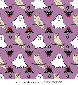 Halloween theme seamless pattern on purple background