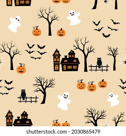 Halloween theme seamless pattern on orange black and white color for decorative,celebrate party,print or wrapping paper,vector illustration