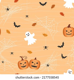 Halloween theme seamless pattern with pumpkins,bats,ghosts and spiderweb on orange background,vector illustration