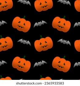 Halloween theme seamless pattern vector. Orange pumpkins or Jack O’Lantern with gray bats on black background. Design for decoration, card, sticker, cloth, fabric, wrapping paper and background