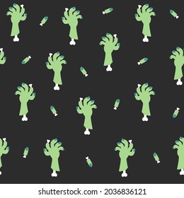 Halloween theme seamless vector pattern with zombie hand and finger with bone. Spooky yet cute hand drawn background for wrapping paper, packaging, print, gift, fabric, textile, card, wallpaper.