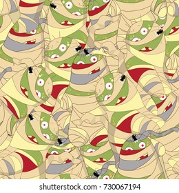 Halloween theme seamless vector pattern: mummy, zombie, spider