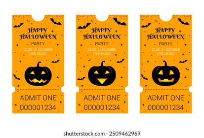 Halloween theme set. Halloween party ticket templates. Samhain. All Hallows' Eve. Black and orange colors. Pumpkins with faces.