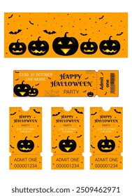 Halloween theme set. Halloween party ticket templates, banner. Samhain. All Hallows' Eve. Black and orange colors. Pumpkins with faces.