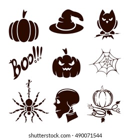 Halloween theme, set of scary holiday icons, isolated on white background, illustration.