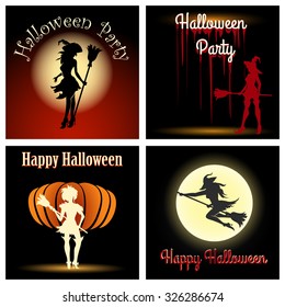 Halloween Theme Set. Witches silhouettes with wording Happy Halloween and Halloween Party. Free font used.