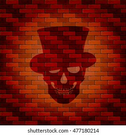 Halloween theme, shadow of skull in the hat on brick wall background, illustration.