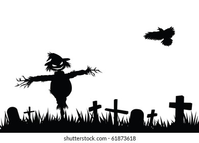 halloween theme silhouette, scarecrow in graveyard