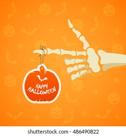 Halloween theme, skeleton hand and holiday card in the form of pumpkin on orange background with Jack o Lanterns, bats and spiders, illustration.