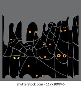 Halloween theme, spider net, eyes glowing in the dark