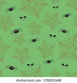 Halloween theme spider webs and spiders on green background seamless pattern creative design background websites Wallpaper covers wrappers for Halloween spider webs and spiders flat pattern vector