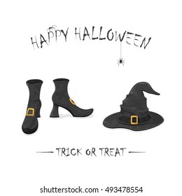 Halloween theme with spiders, black witches shoes and hat with golden buckle isolated on white background, inscription Happy Halloween and trick or treat, illustration.