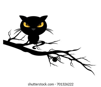 halloween theme spooky black cat and spider on a tree branch - monster vector design