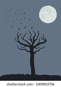 Halloween theme - spooky tree shape, birds taking off and full moon. Scary place.