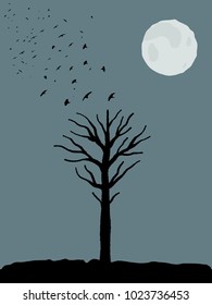 Halloween theme - spooky tree shape, birds taking off and full moon. Scary place.