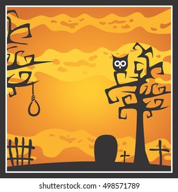 Halloween theme with trees, tombstone, cross, owl and gibbet. Halloween background vector illustration.