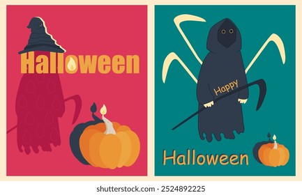 Halloween theme two different postcards with a pumpkin, a hat and death with a scythe and inscriptions. Isolated vector picture on a red and blue-green background, vektor.