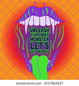 Tema de Halloween Libere seu monstro interior e deixa ficar letras assustadoras. Pacote, cartão, festa do cartaz, design de t-shirt com personagem vampiro com boca aberta, língua longa, presas. Verde, violeta, laranja 