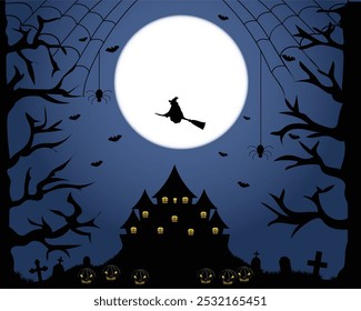 Diseño de Vector temático de Halloween, escenario nocturno donde hay casas, murciélagos, brujas volando alrededor del árbol y también lápidas graves a su alrededor y una luna Grande