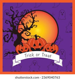 Halloween theme Vector Greeting Card Design with three pumpkins and orange light