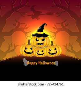 Halloween theme vector and illustration background with group of pumpkins lantern wearing witch hat and full moon light and dead tree shadow