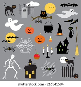 halloween theme vector illustrations with ghosts, bats, black cat, jack o lanterns