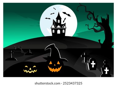 Imagem vetorial do tema de Halloween, fundo do cemitério completo com casa vazia, árvore, emoji de abóbora e lua cheia atrás dele, adequado para fundo, decoração de parede, capa, banner.