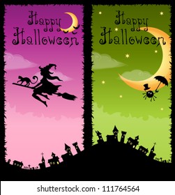 Halloween theme vertical banners - a beautiful witch girl with her cat on broom and an adventurous spider flying against bright starry sky