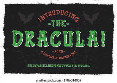 Halloween Theme. Vintage Hand Drawn Typeface "The Dracula". Retro Styled Textured Font With Added Shadow Effect. Vector Illustration