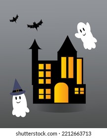 Halloween theme wallpapers, black color houses, haunted houses, flying bats, 3d illustration