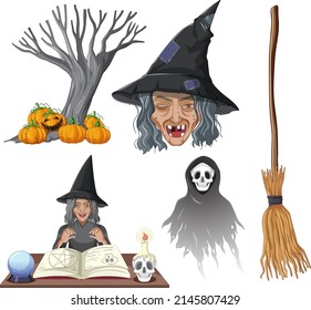Halloween theme with witch and ghost illustration