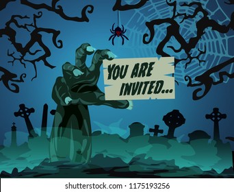 Halloween theme zombie hand at the cemetery holding an invitation card saying you are invited