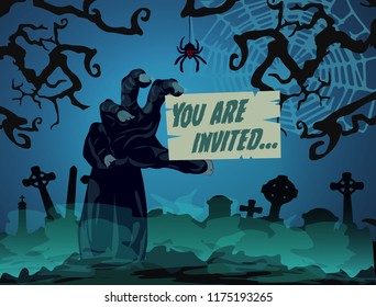 Halloween theme zombie hand at the cemetery holding an invitation card saying you are invited