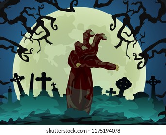 Halloween theme zombie hand at the cemetery full moon on the background 