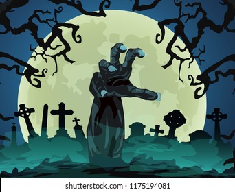 Halloween theme zombie hand at the cemetery full moon on the background