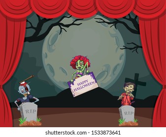 Halloween theme with zombies on stage illustration
