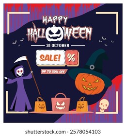 A Halloween themed ad with sale details, featuring spooky characters, pumpkins and decorations, highlights discounts of up to thirty percent for October 31st. 