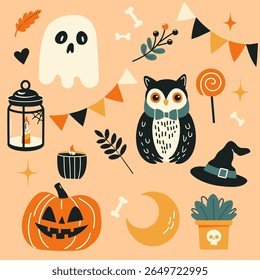 Halloween arte temática com abóbora, fantasma, coruja e outras decorações Halloween. O cenário é assustador e festivo