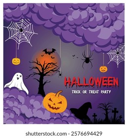 Halloween themed artwork depicting a pumpkin, ghost, bats, spider webs, and dark eerie atmosphere perfect for festive celebration and seasonal decor. Flat vector modern illustration 