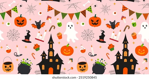 A Halloween themed background with a castle, bats, ghosts, and pumpkins. The background is pink and the colors are bright and bold