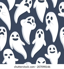 A Halloween themed background depicting ghosts with various expressions and poses. Seamlessly repeatable. Eps 8 Vector.