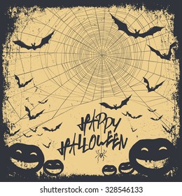 Halloween themed background with hand drawn lettering and bats silhouettes and scary pumpkins