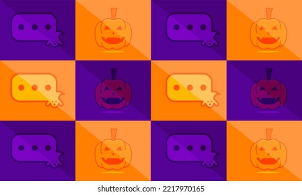 Halloween themed background seamless pattern with pumpkin, boo, ghost bubble chat, trick or treat. Great for textiles, banners, wallpapers, wrapping. Vector design.