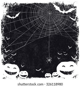 Halloween themed background with space for text. Halloween symbols - pumpkins, bats, spider web.