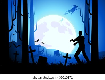 Halloween themed background with witches and zombies! Vector illustration