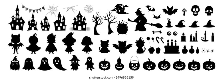 Halloween themed black and white images of witches, ghosts, pumpkins, and other spooky creatures