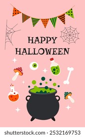 A Halloween themed card with a black cauldron and a green potion. The card says "Happy Halloween" and features a spider web and a skeleton